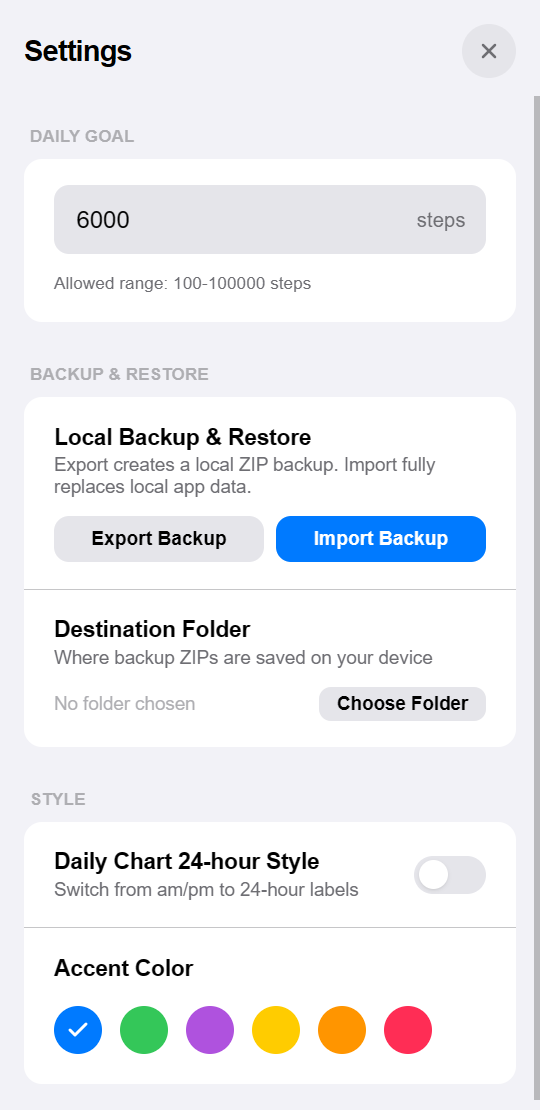 Settings: daily goal, backup and restore, accent color
