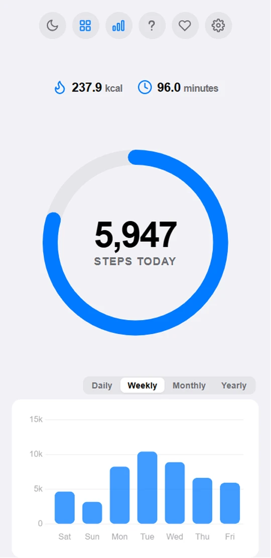 Walk's step ring with calorie and active-time counters, above the weekly chart
